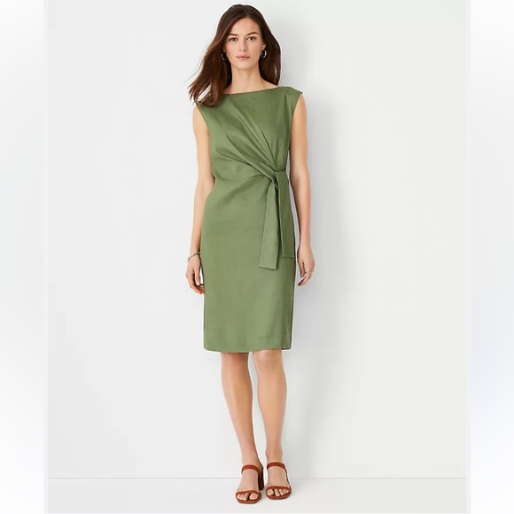 Ann Taylor Dresses & Skirts - Ann Taylor Tie Waist Sheath Dress in Linen Blend Green Sz 4